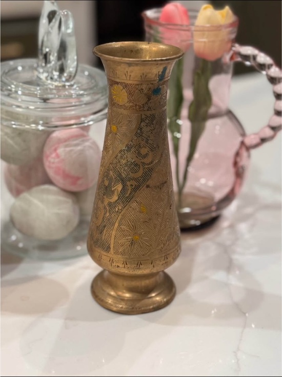 Other - Vintage VTG Solid Brass Floral Inlay 8" Flower Vase -Ivan Palace New Delhi India